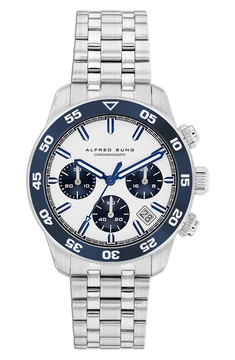 Alfred Sung Chronograph III Bracelet Strap Watch, 41mm, Main, color, Silver Bracelet/White Dial