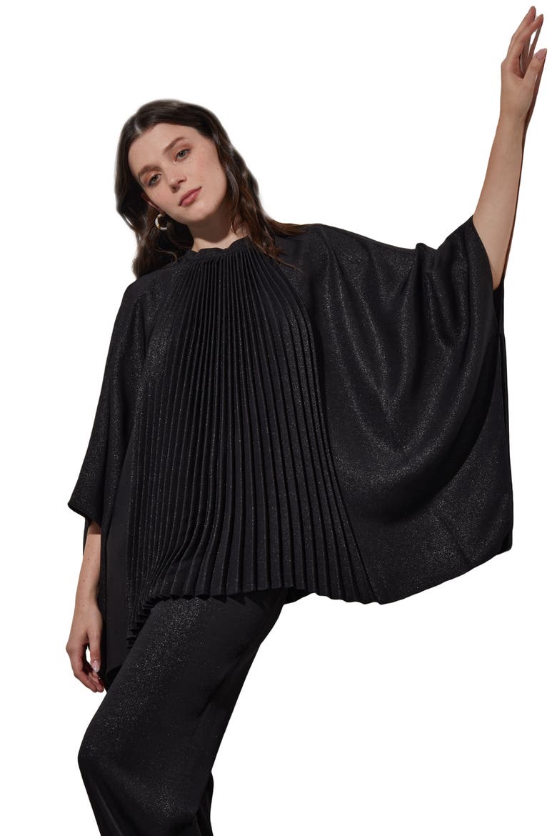 Shimmering Pleated Woven Top, Alternate, color, BLACK/ SILVER