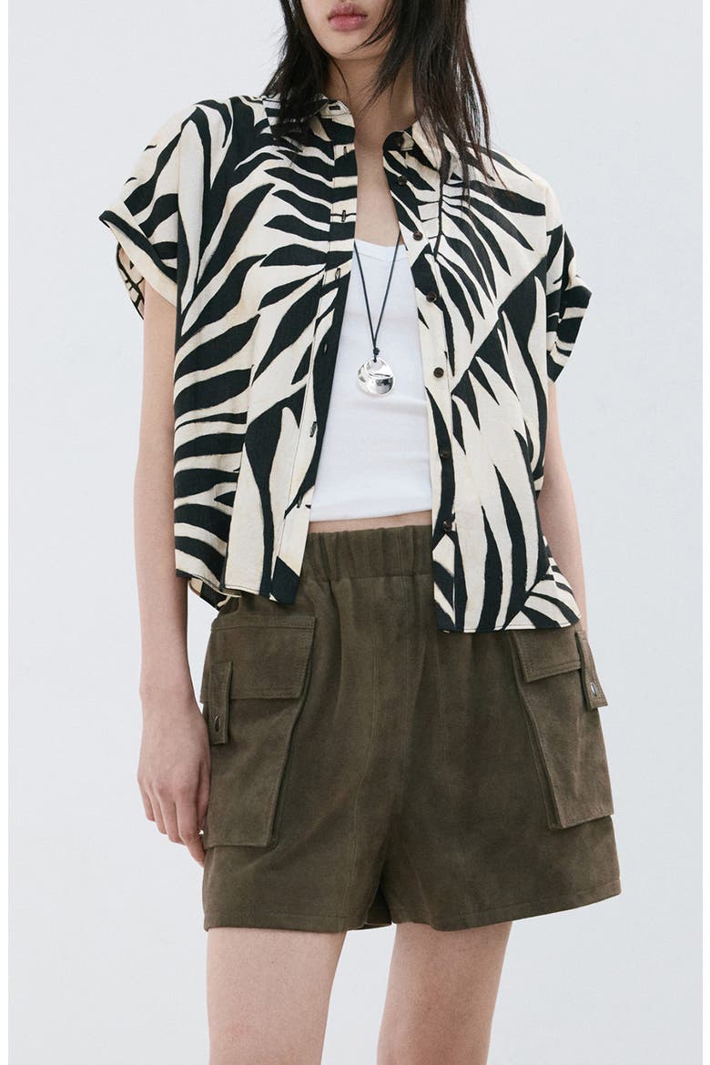 Print Button-Up Roll Cuff Shirt, Main, color, ECRU