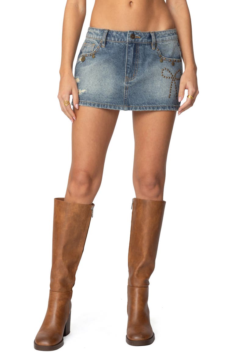 Studded Bow Distressed Denim Miniskirt, Main, color, BLUE