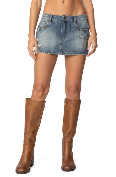 Studded Bow Distressed Denim Miniskirt