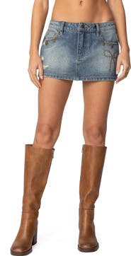 EDIKTED Studded Bow Distressed Denim Miniskirt