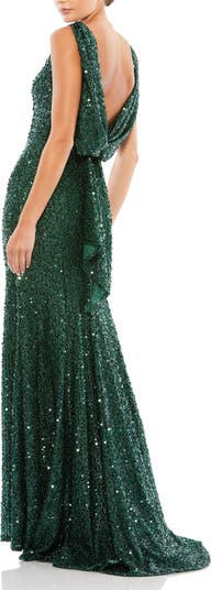 Cowl Back Boat Neck Sequined Evening Gown