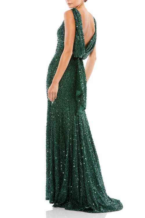 Mac Duggal Cowl Back Boat Neck Sequined Evening Gown In Emerald