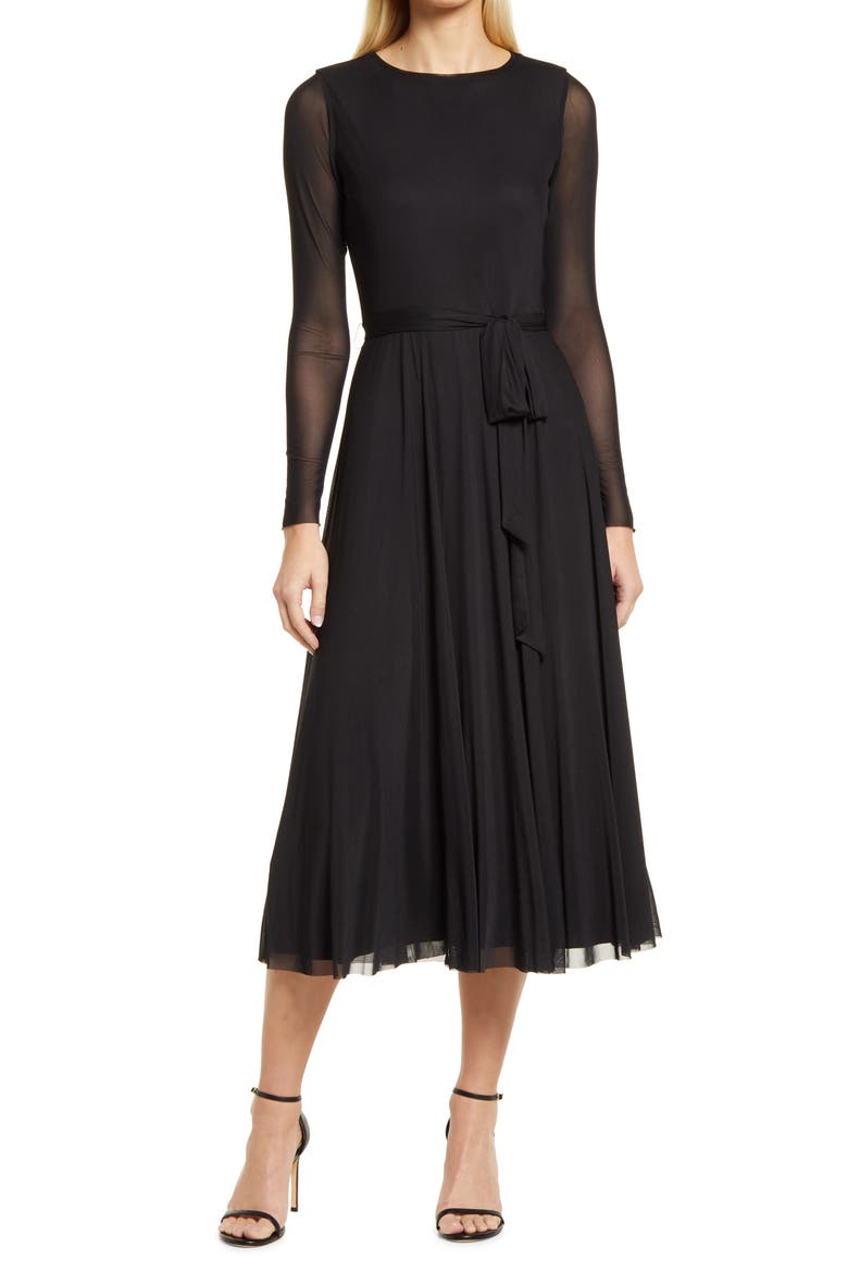 Long Sleeve Mesh Midi Dress, Main, color, ANNE BLACK