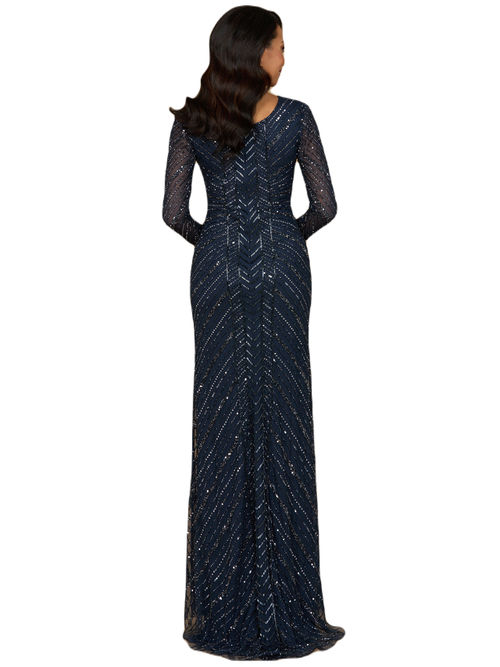Lara New York Long Sleeve Beaded Gown In Navy