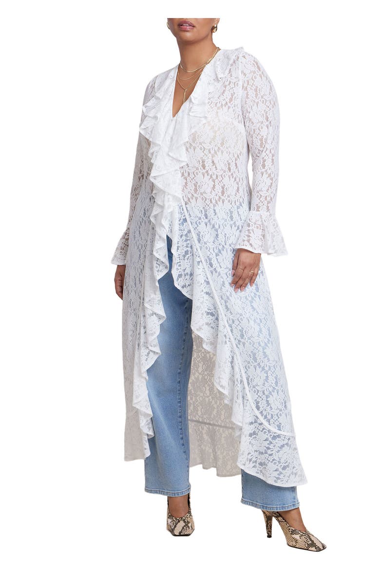 ELOQUII Lace Ruffle Duster, Main, color, White