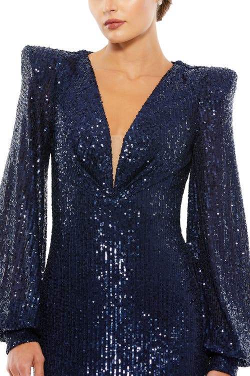 Mac Duggal Sequined Plunge Neck Structured Bishop Sleeve Gown In Midnight