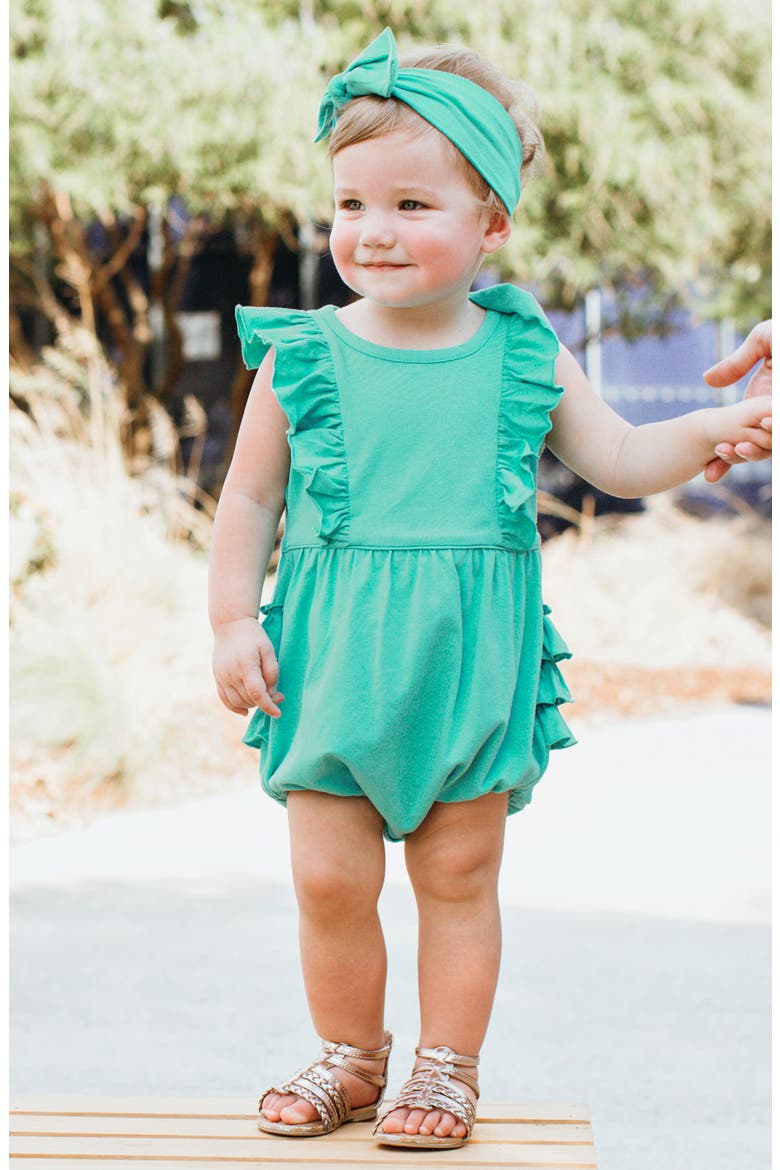 Waterfall Ruffle Bubble Romper & Head Wrap Set, Alternate, color, BLUE
