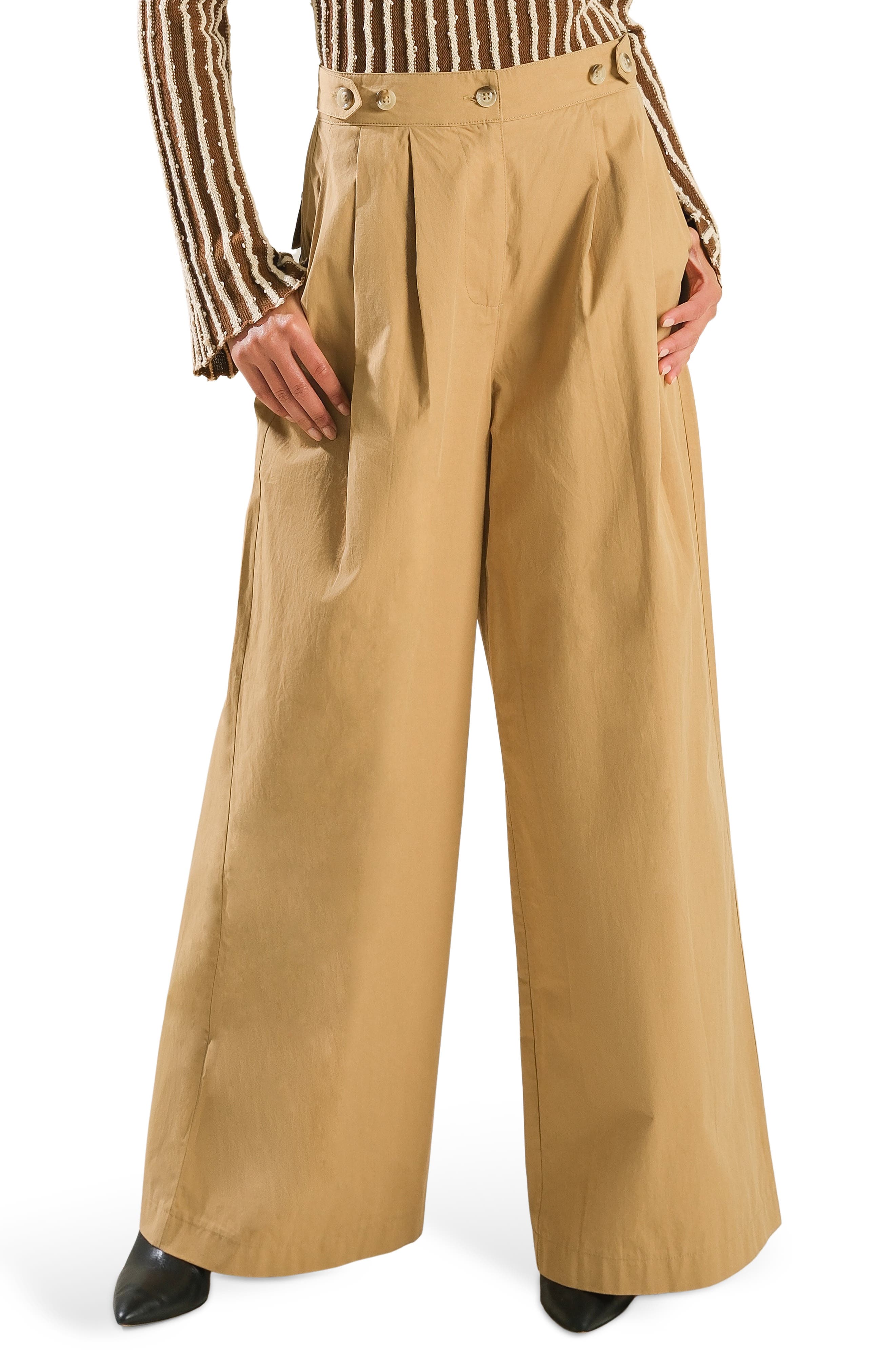 High Waist Pleated Wide Leg Cotton Pants