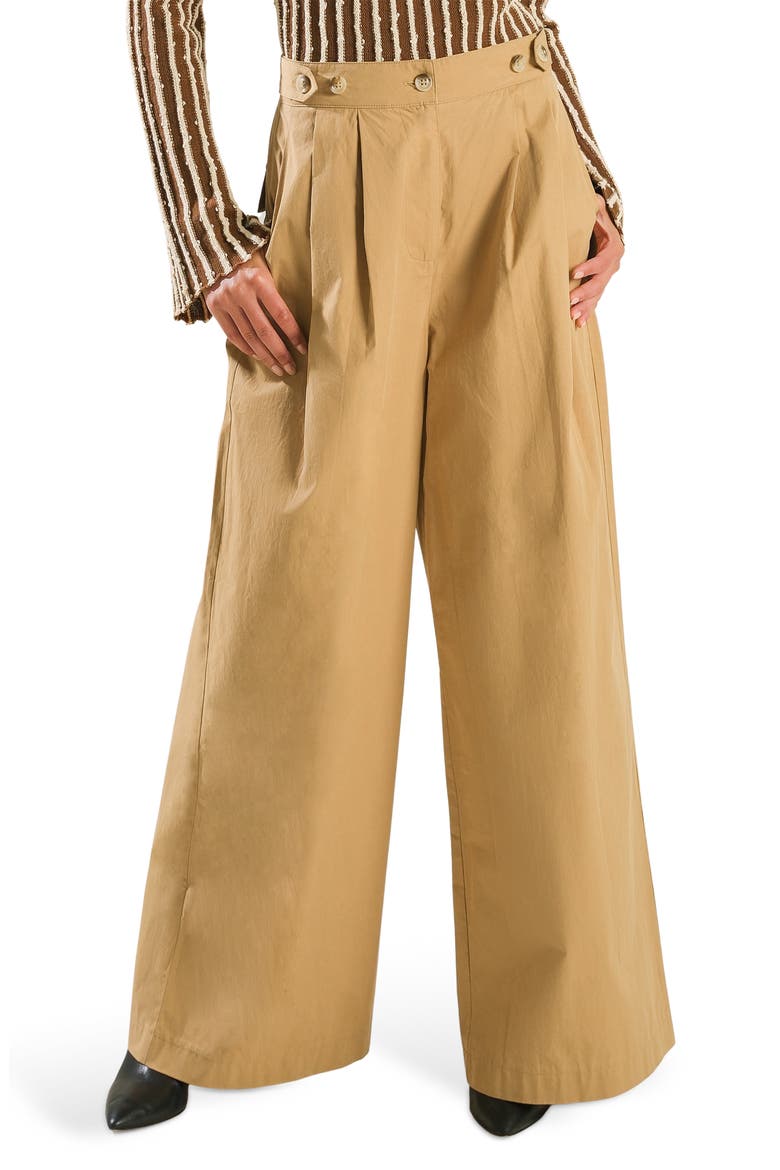 High Waist Pleated Wide Leg Cotton Pants, Main, color, CAMEL