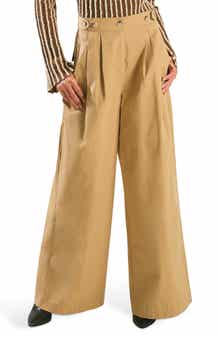 High Waist Pleated Wide Leg Cotton Pants