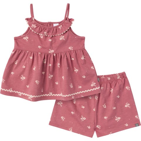 2-Piece Baby Girls Medium Rose Bouquet Ruffle Top and Shorts Set