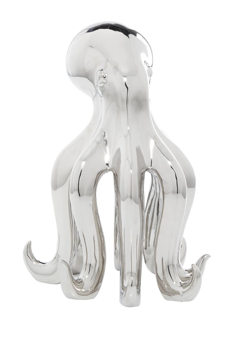 Silvertone Porcelain Tall Octopus Sculpture with Long Tentacles, Alternate, color, SILVER