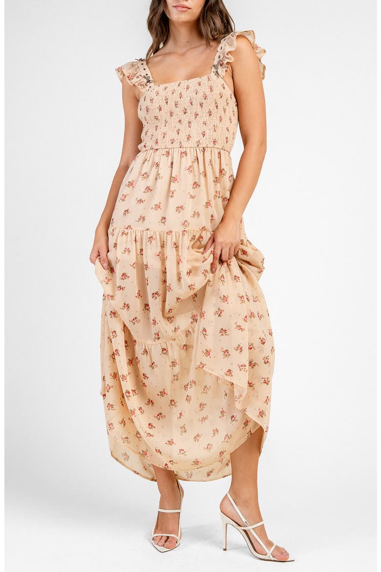 Smocked Tiered Floral Maxi Dress, Alternate, color, TAUPE