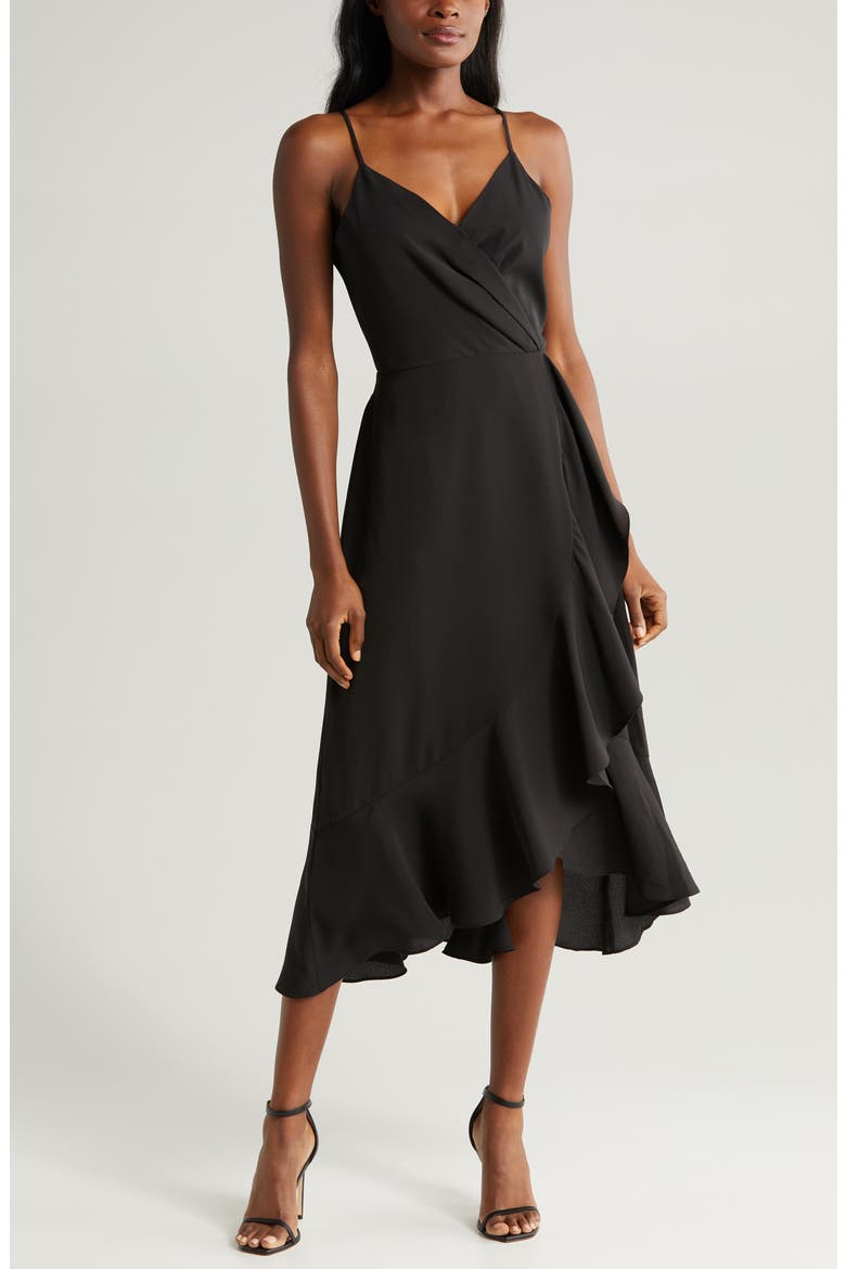 Faux Wrap Midi Dress, Main, color, BLACK