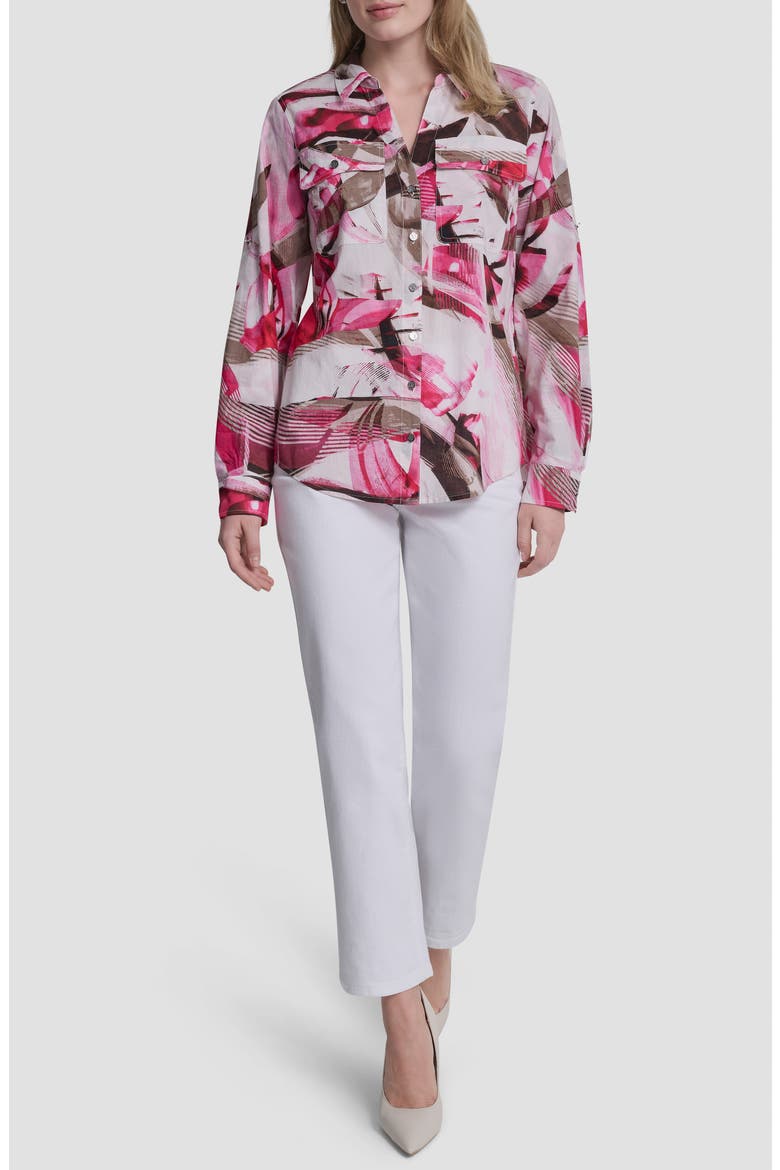 Printed Roll-Tab Cuff Cotton Button-Up Shirt, Alternate, color, SPRING WISPS