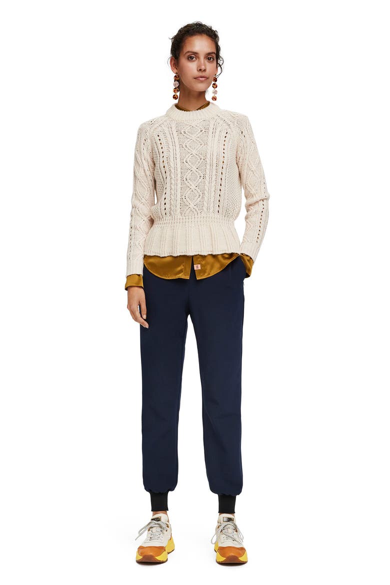 Chunky Cable Knit Peplum Sweater, Alternate, color, OFF WHITE
