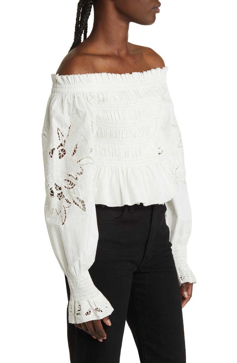 AllSaints Lara Smocked Eyelet Embroidered Off the Shoulder Top, Alternate, color,