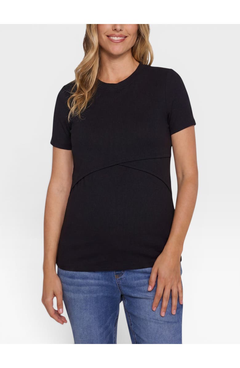MOTHERHOOD MATERNITY Crew Neck Cross Over Nursing Short Sleeve Top, Main, color, Black