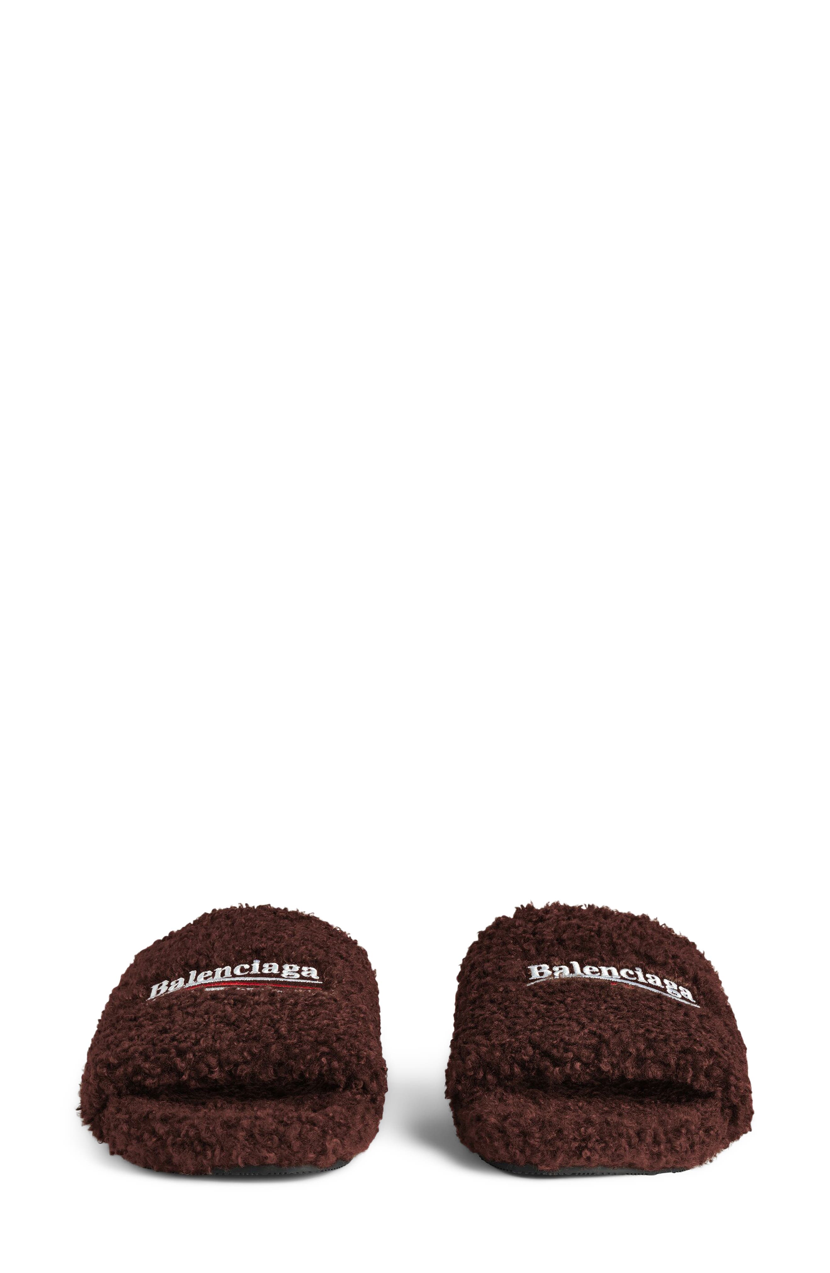 Balenciaga Campaign Faux Shearling Slide Sandal, Alternate, color, Chataigne