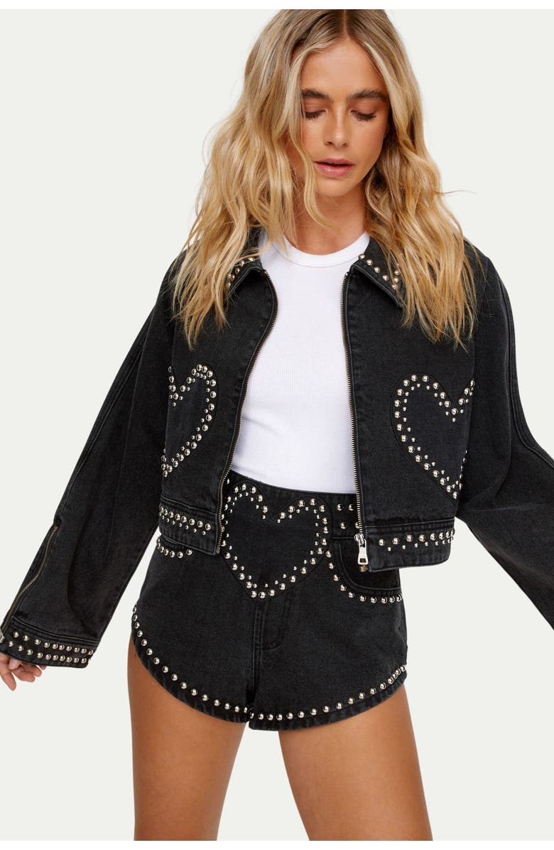 NASTY GAL Heart Studded Cropped Denim Jacket, Alternate, color, Washed Black
