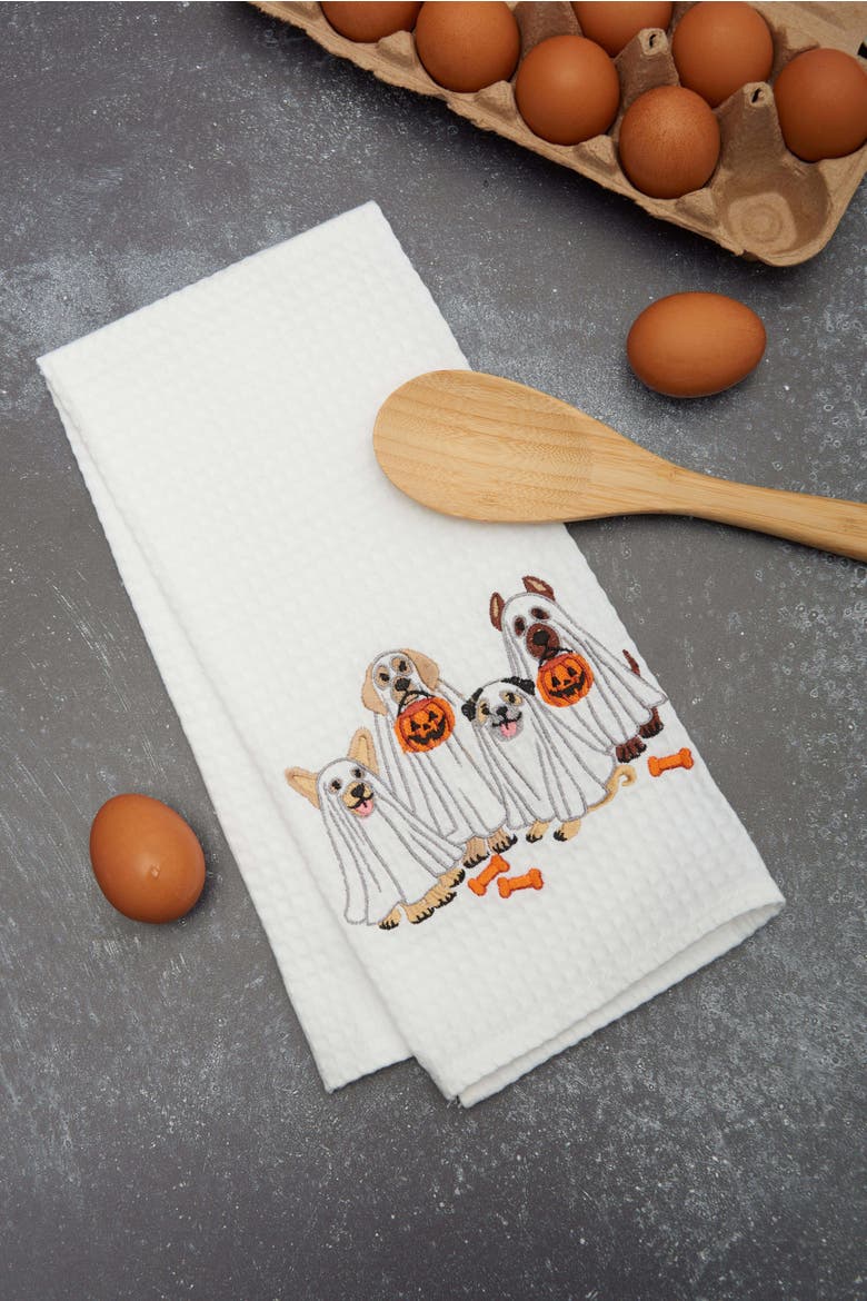 Trick or Treat Halloween Costume Ghost Dogs 100% Cotton Waffle Weave Dishtowel, Alternate, color, Orange
