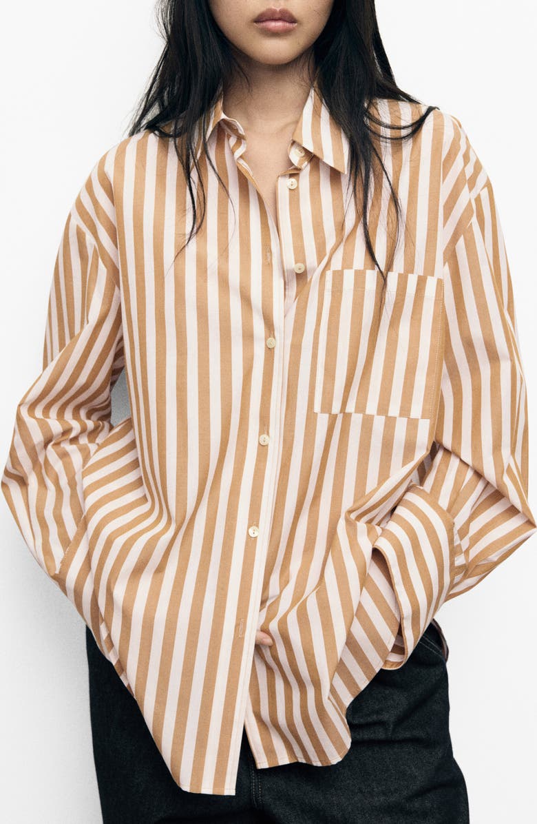 MANGO Oversize Stripe Button-Up Shirt, Main, color, Off White