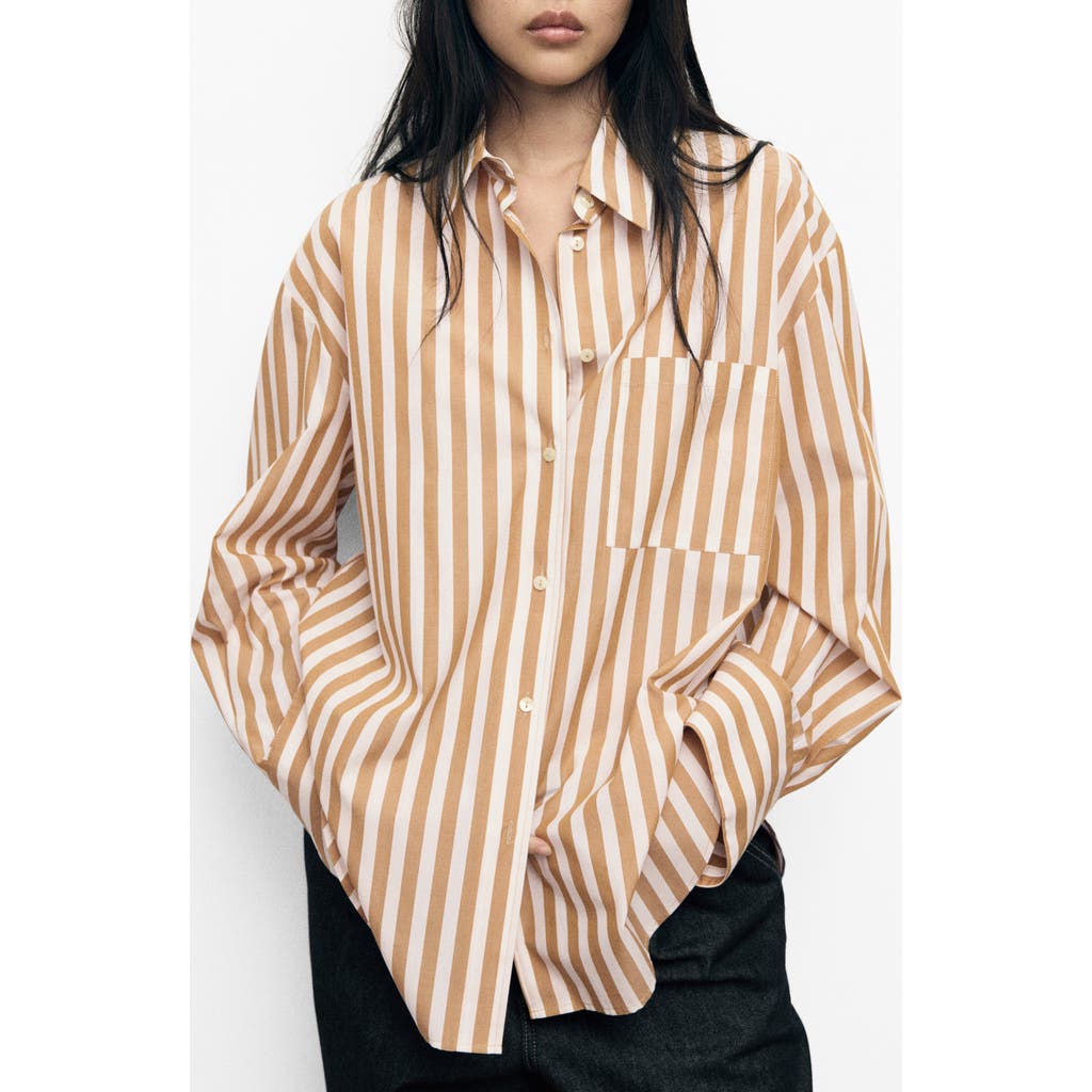 Mango Oversize Stripe Button-up Shirt In Nude
