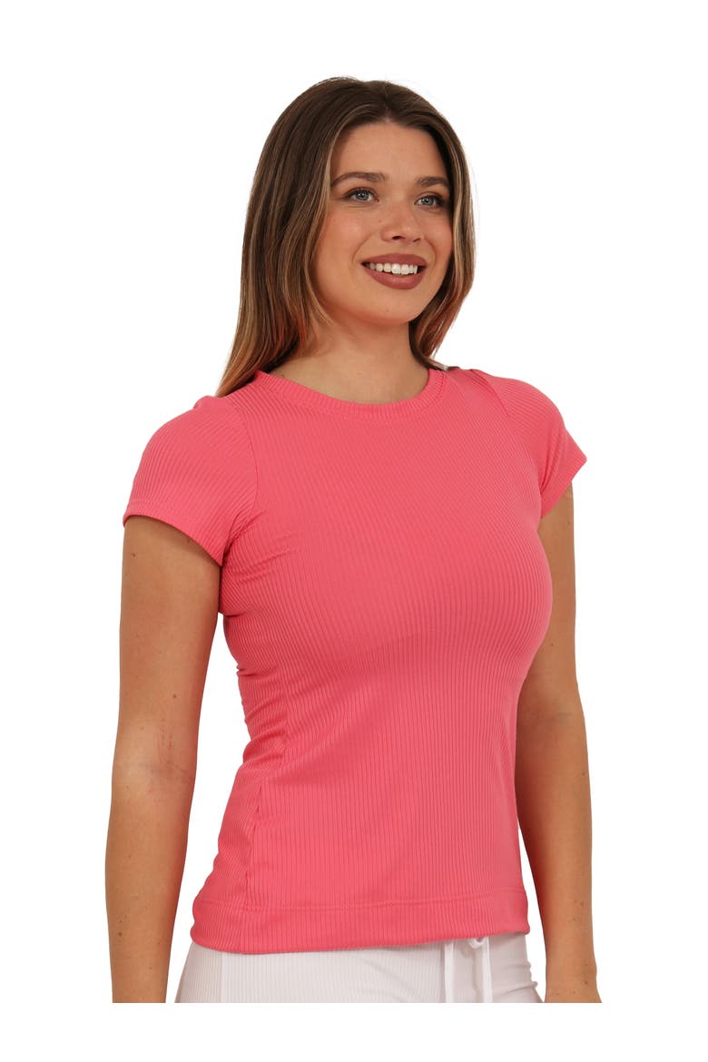 Basic Ribbed Knit Round Neck Short Sleeve Top, Alternate, color, Coral