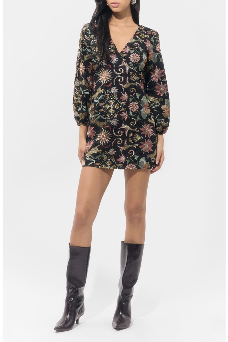 Juno Embroidered Blouson Sleeve Minidress, Main, color, BLACK