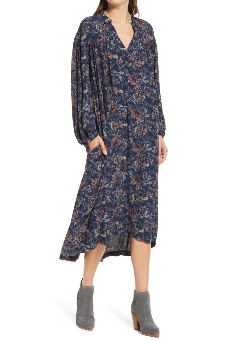 Floral Long Sleeve Woven Midi Dress, Main, color, NAVY BLAZER CONVO FLORAL
