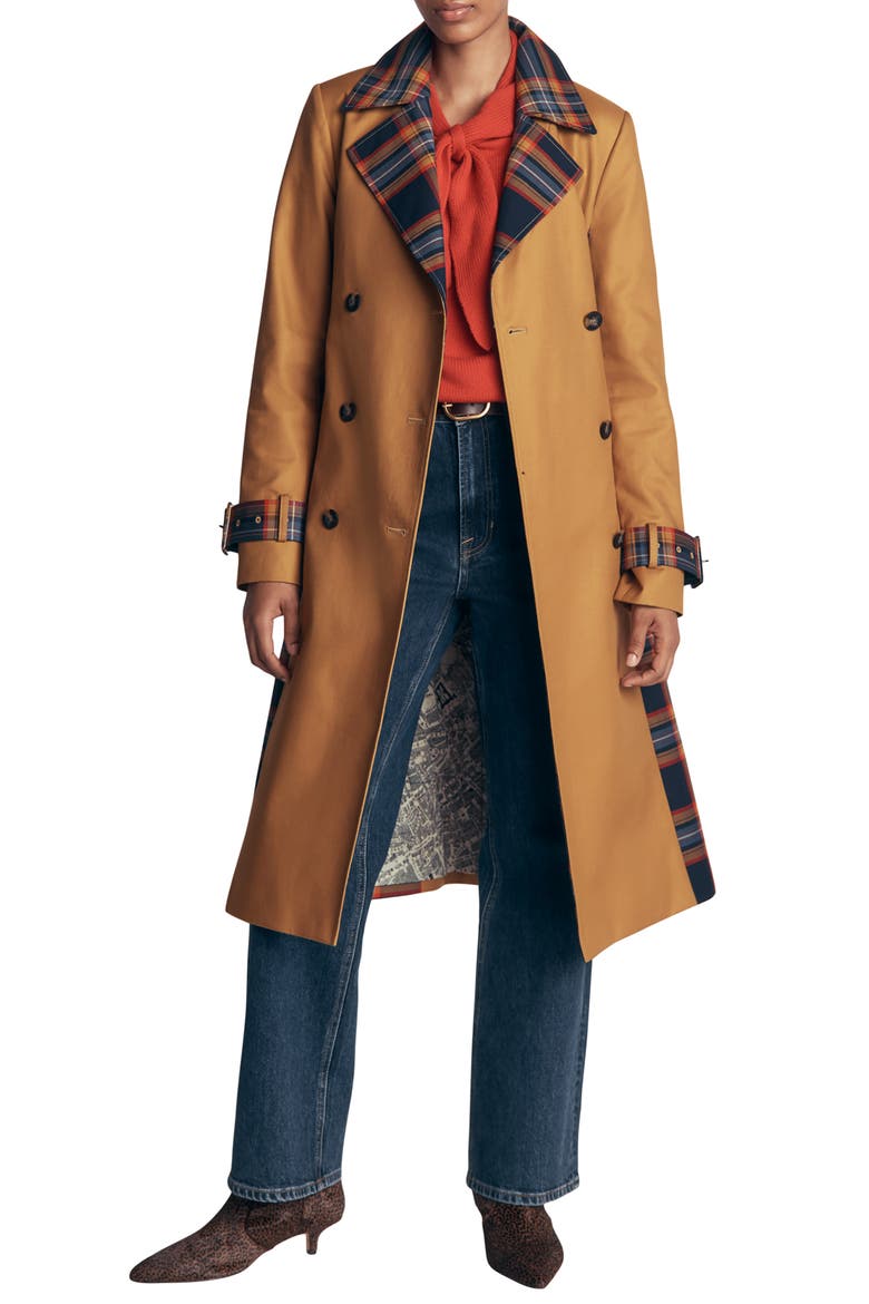 Plaid Accent Double Breasted Cotton Trench Coat, Main, color, CAMEL
