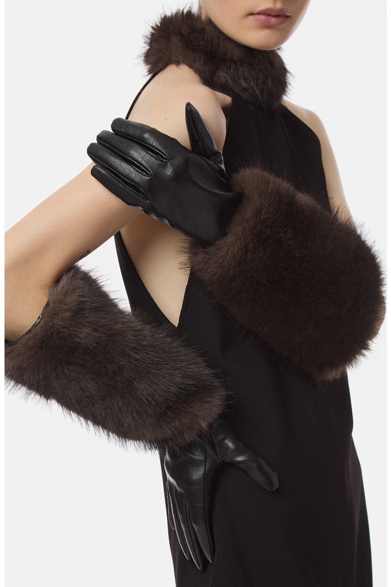 Robi Croc Embossed Faux Fur Cuff Gloves, Alternate, color, NOIR CROC/ FAUVE MULTI