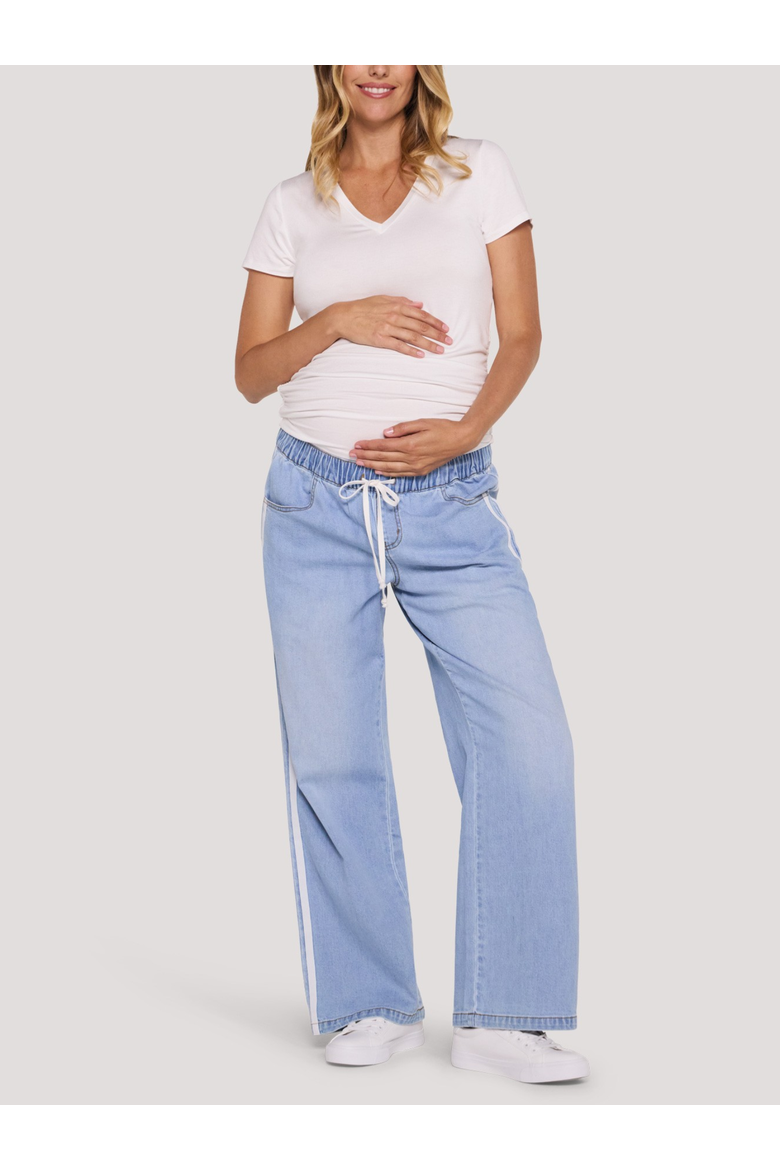 Drawstring Pull On Wide Leg Pant, Alternate, color, Light Wash with White Stripe