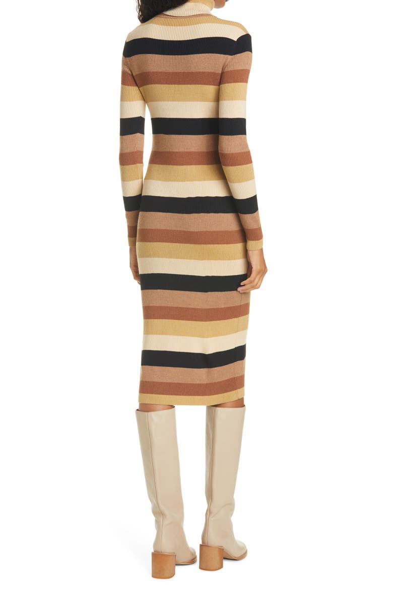 Lisa Stripe Ribbed Turtleneck Long Sleeve Midi Dress, Alternate, color, CAMEL MULTI