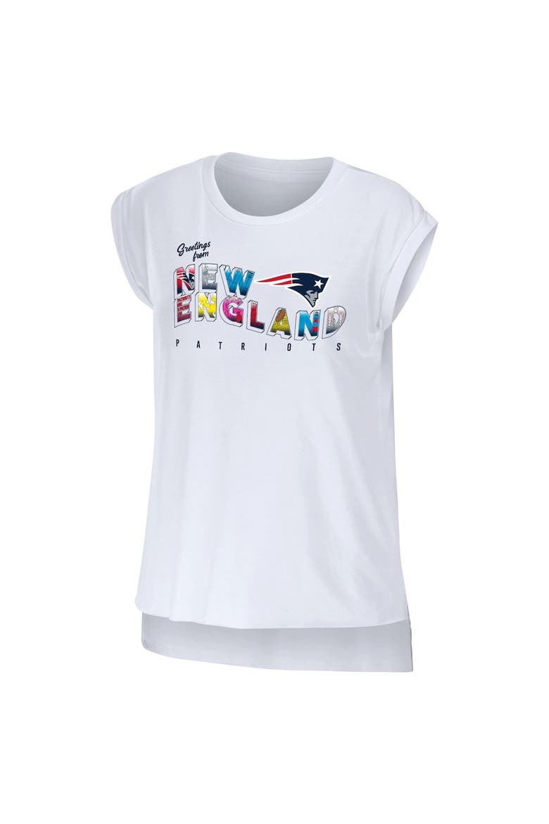 Women's WEAR by Erin Andrews White New England Patriots Greetings From Muscle T-Shirt, Alternate, color, White