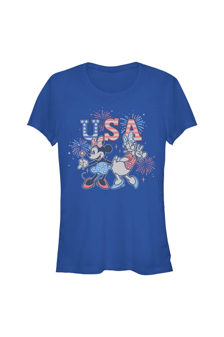 Junior's Minnie and Daisy Fireworks Short Sleeve Graphic T-Shirt, Main, color, Royal Blue