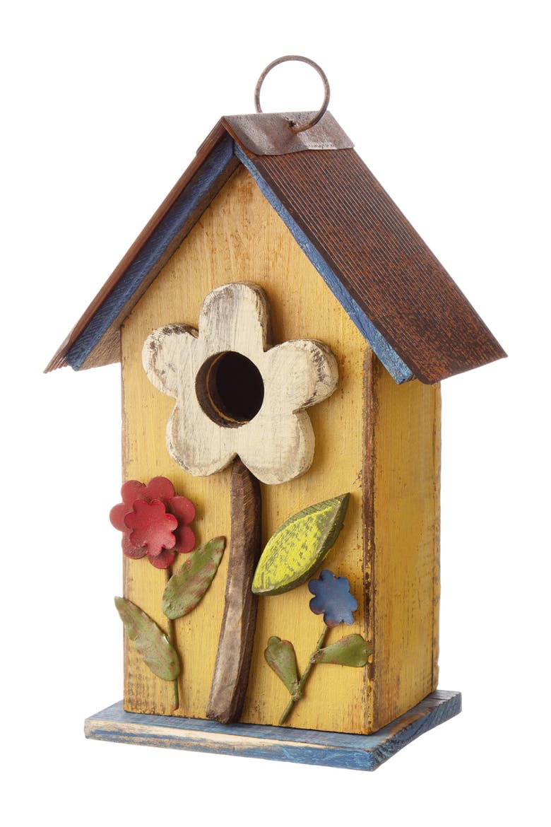 10"H Multicolor Cute Distressed Solid Wood Birdhouse with 3D Flowers, Main, color, Yellow
