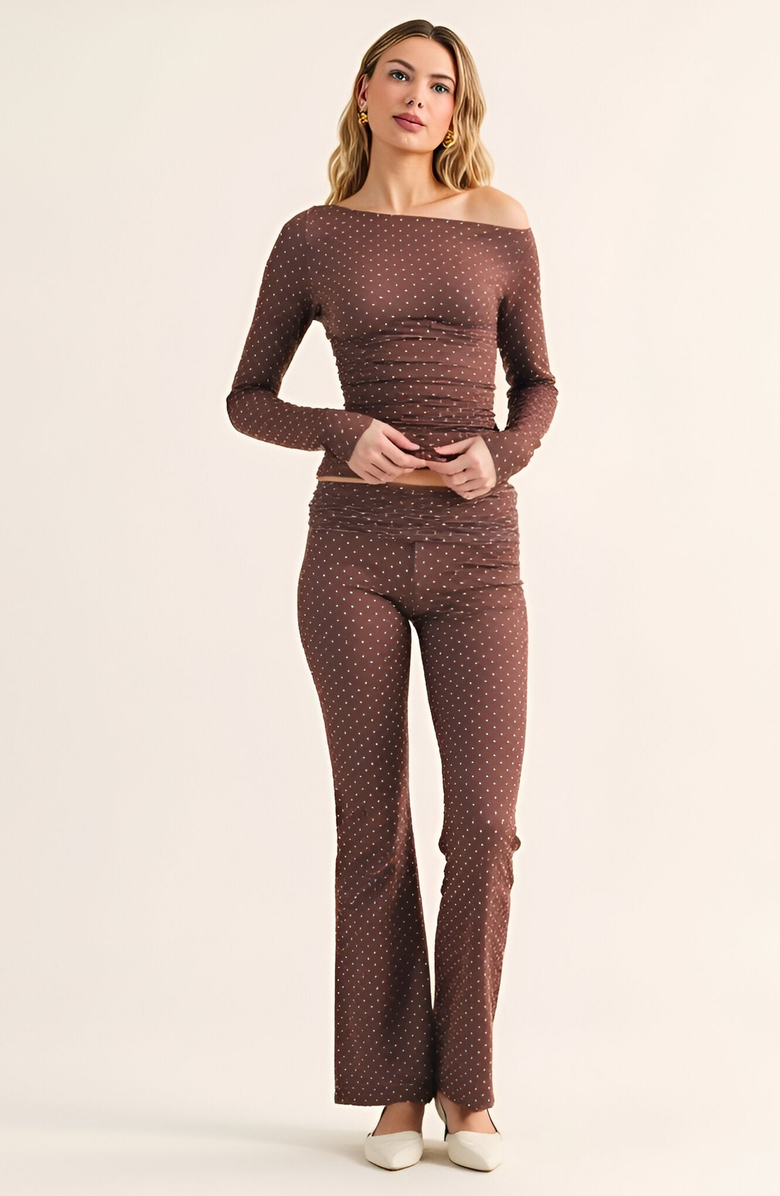 Modenaire Asymmetric Off-Shoulder Ruched Mini Polka Dot Print Top, Alternate, color, 