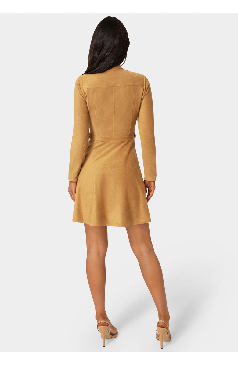 bebe Fit and Flare Long Sleeve Suede Mini Dress, Alternate, color, Camel
