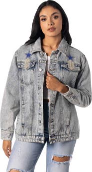 THE WILD COLLECTIVE Women's The Wild Collective Dallas Cowboys Rhinestone Denim Sequin Fringe Button-Up Jacket