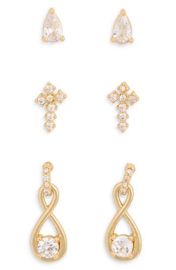 Leith Set Of 3 Demi-fine Cubic Zirconia Faith Stud Earrings In Clear- Gold