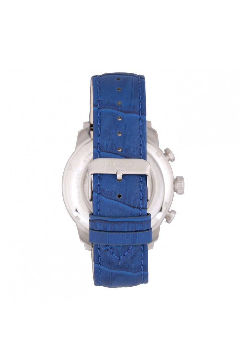Arthur Semi-Skeleton Leather-Band Watch w/ Day/Date, Alternate, color, Silver/Blue