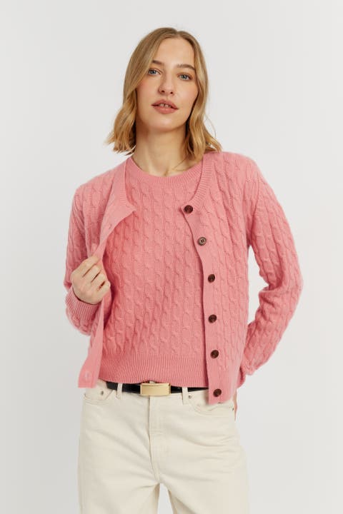 Pure Cashmere Cabled Crew Neck Cardigan