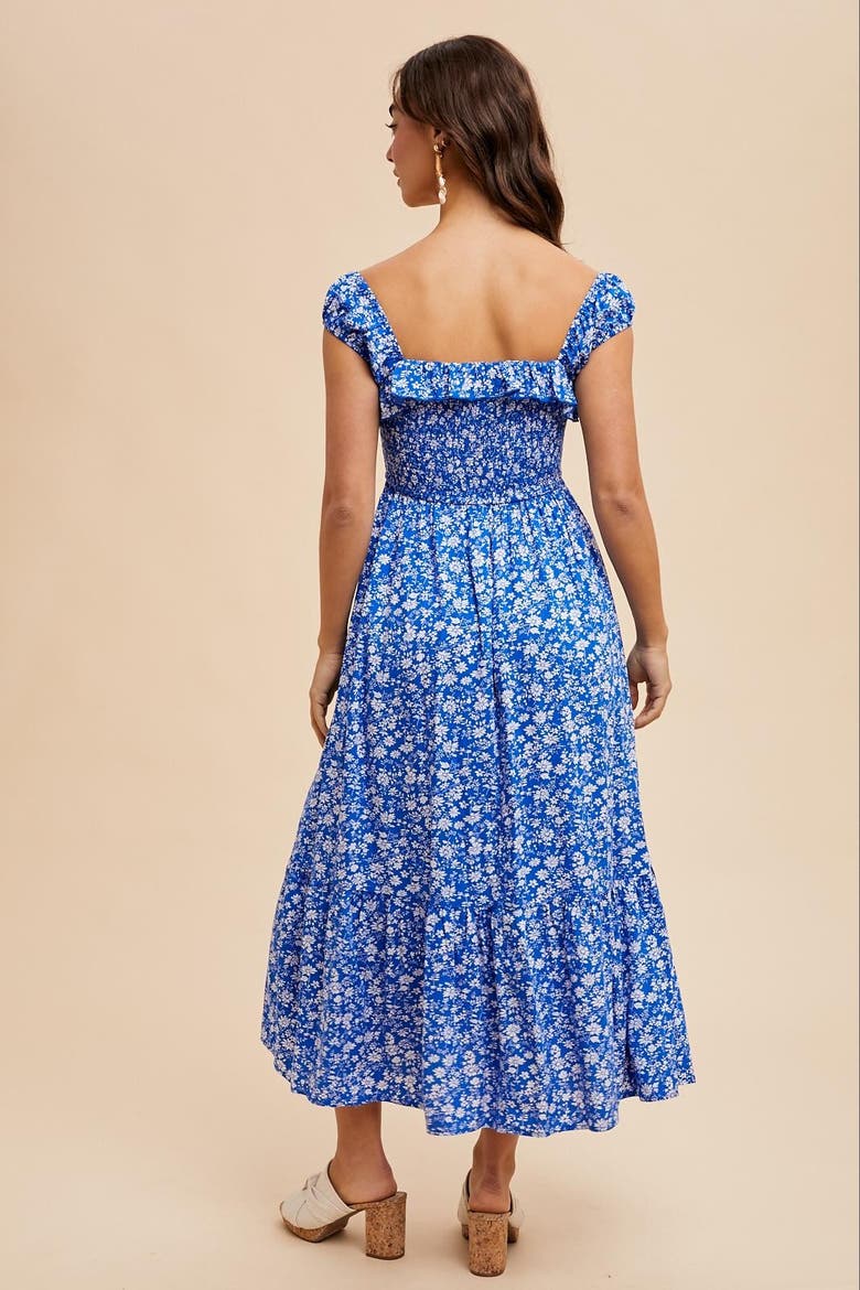 Floral Smocked Ruffle Detail Midi Dress, Alternate, color, Royal Blue