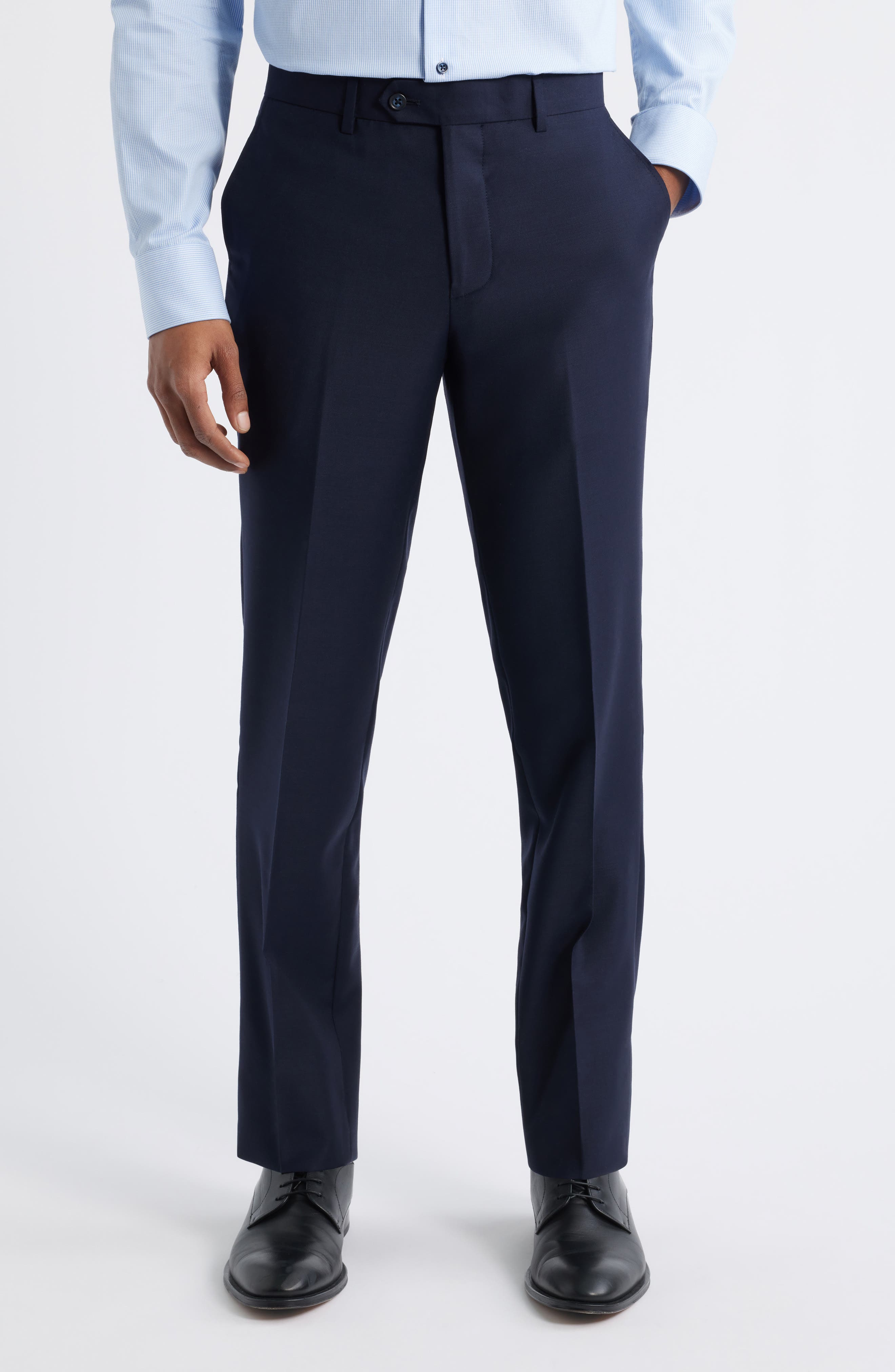 ZANETTI Slim Fit Flat Front Blue Wool Dress Pants
