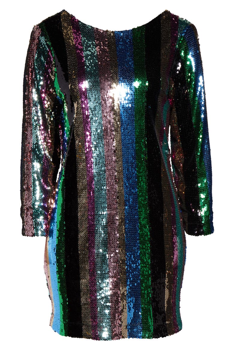 Over the Rainbow Sequin Stripe Long Sleeve Minidress, Alternate, color, RAINBOW SEQUIN