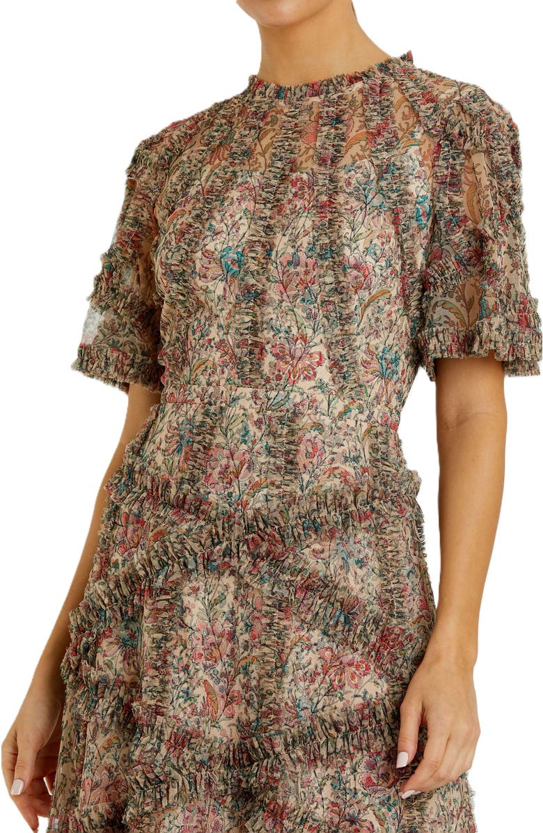 Mac Duggal Floral Flutter Sleeve Mesh Print Dress, Alternate, color, Beige Multi