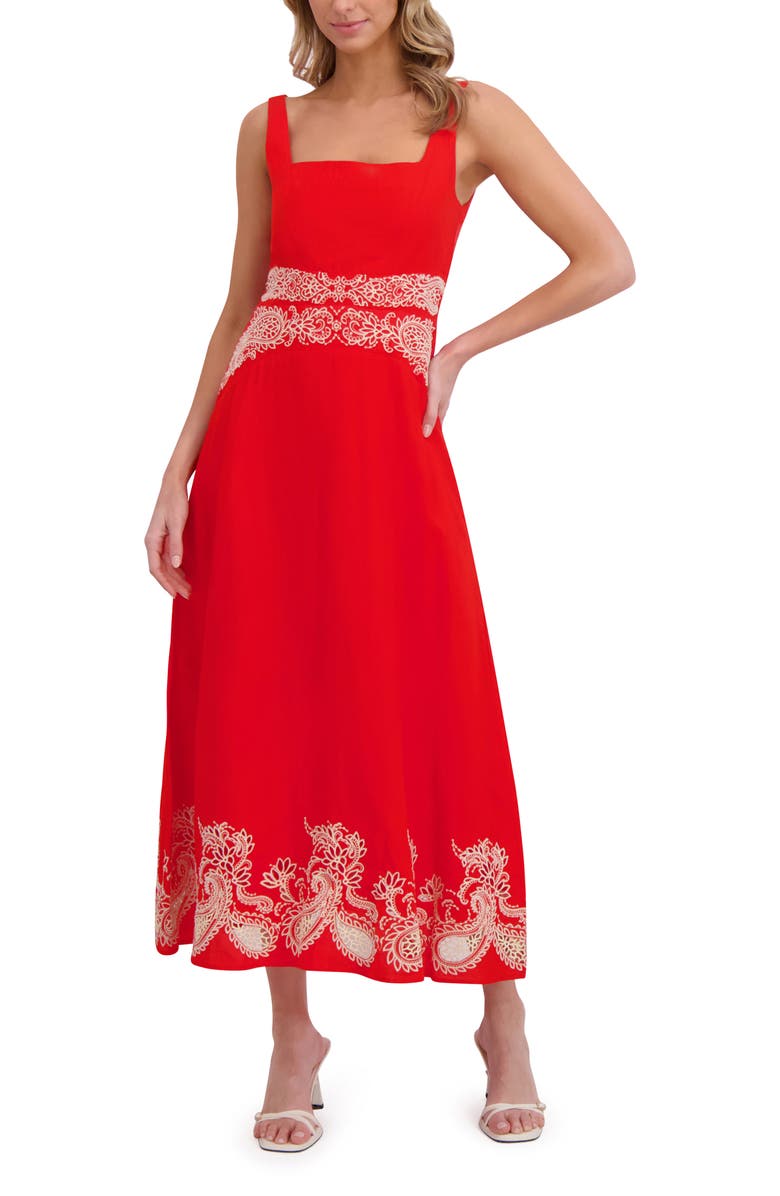 Ted Baker Embroidery Detail Square Neck Dress, Alternate, color, Flame Scarlet